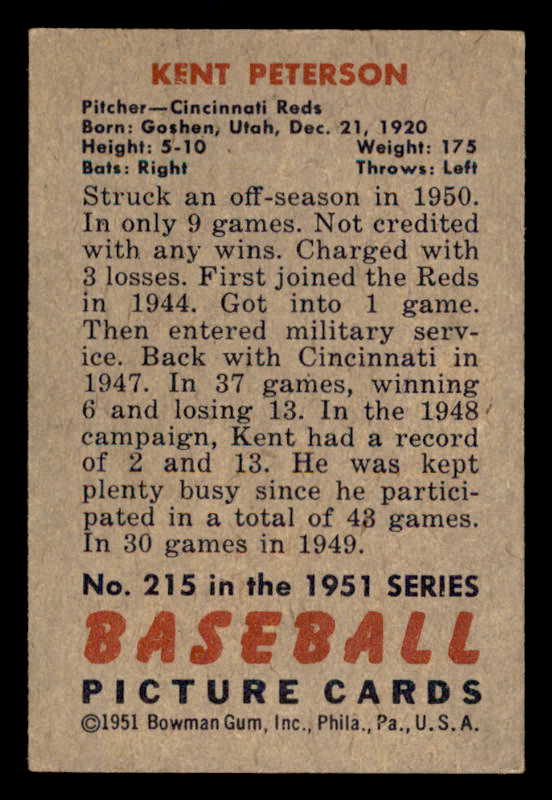 1951 Bowman Baseball #215 Kent Peterson Reds EX-MT 557050