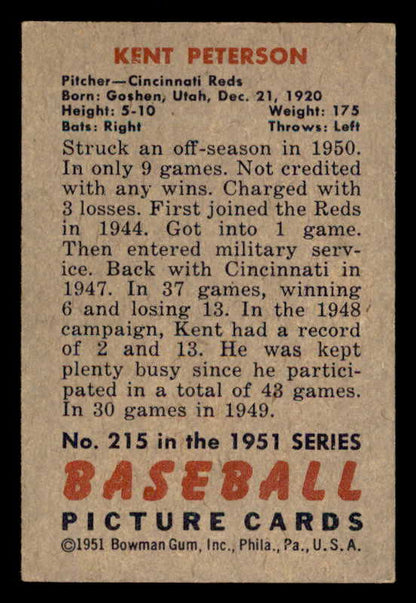 1951 Bowman Baseball #215 Kent Peterson Reds EX-MT 557050