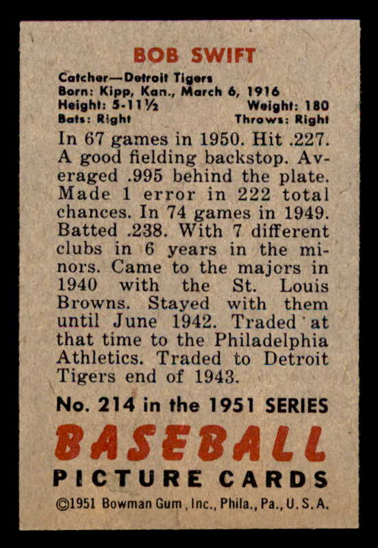 1951 Bowman Baseball #214 Bob Swift Tigers EX-MT 557052