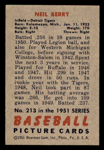 1951 Bowman Baseball #213 Neil Berry Tigers EX-MT 557054