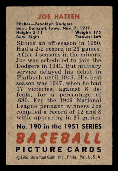 1951 Bowman Baseball #190 Joe Hatten Dodgers EX-MT 557056
