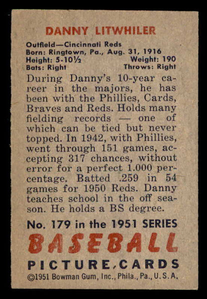 1951 Bowman Baseball #179 Danny Litwhiler Reds EX-MT 557057