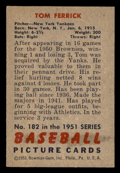 1951 Bowman Baseball #182 Tom Ferrick Yankees EX-MT 557058