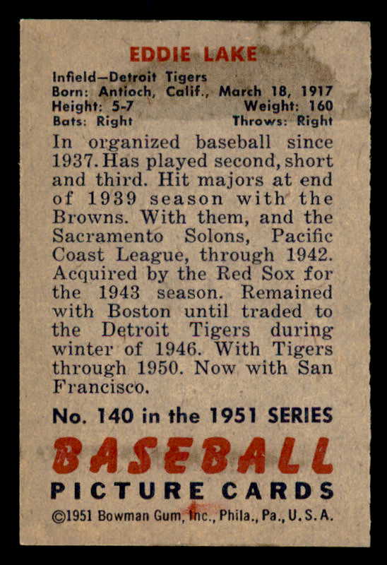 1951 Bowman Baseball #140 Eddie Lake Tigers EX-MT 557061