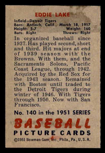 1951 Bowman Baseball #140 Eddie Lake Tigers EX-MT 557061