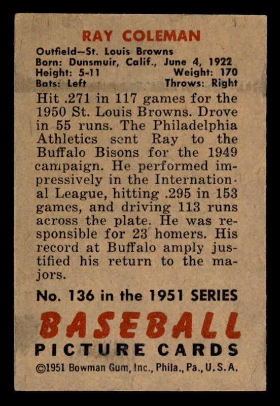 1951 Bowman Baseball #136 Ray Coleman Browns EX-MT 557064