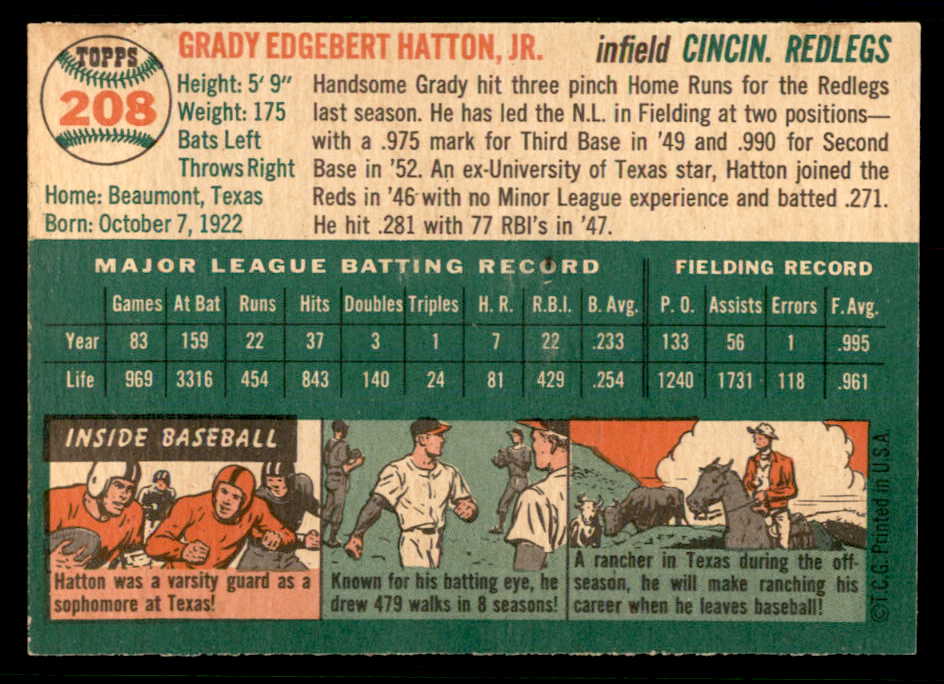 1954 Topps Baseball #208 Grady Hatton Reds EX-MT 557070