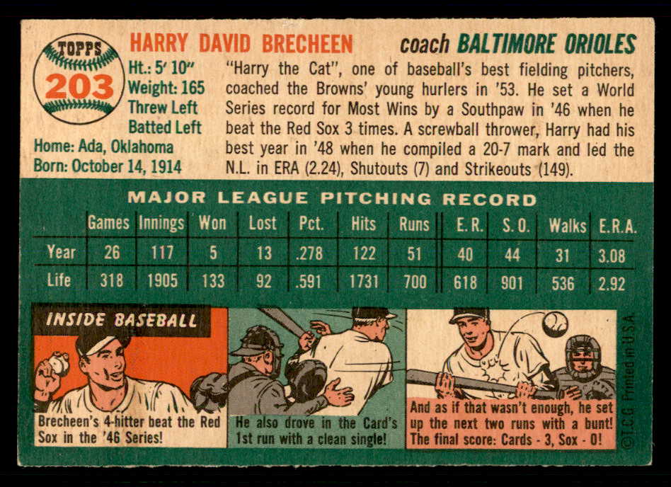 1954 Topps Baseball #203 Harry Brecheen Orioles EX-MT 557073