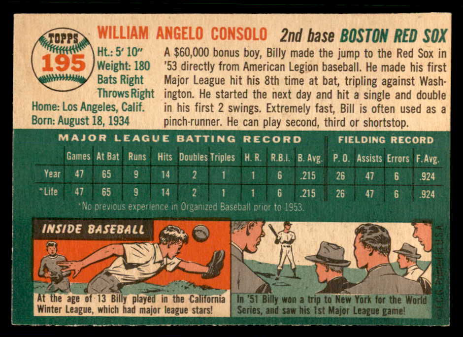 1954 Topps Baseball #195 Billy Consolo Red Sox EX-MT 557077
