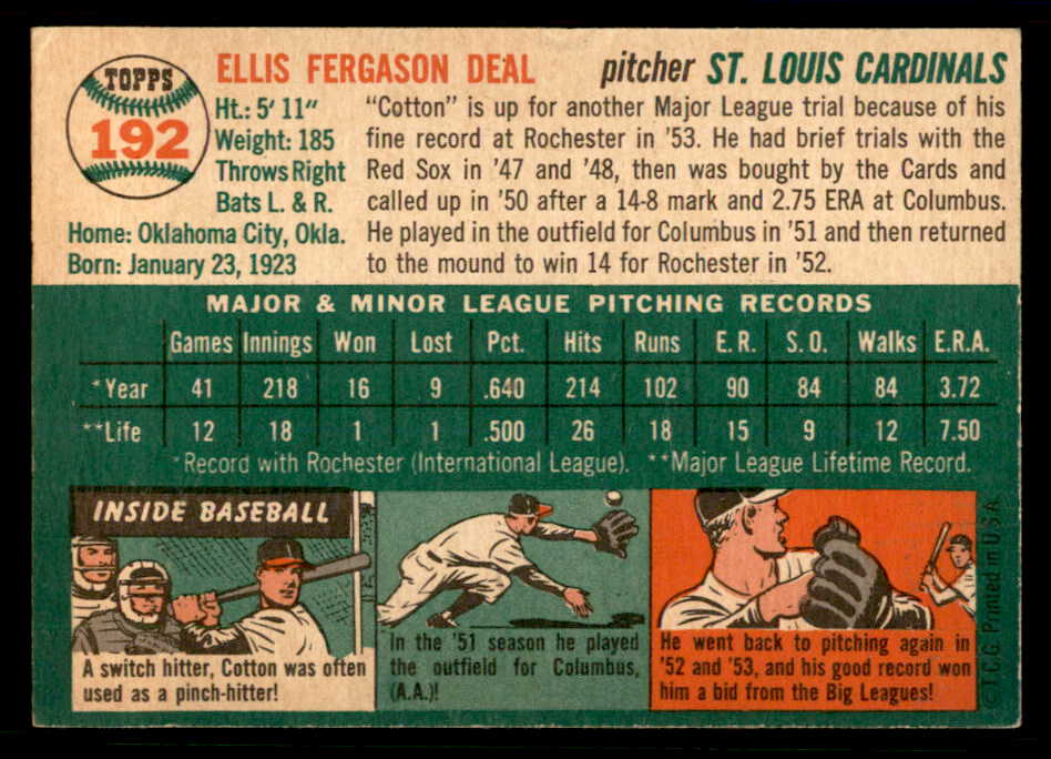 1954 Topps Baseball #192 Cot Deal Cardinals EX-MT 557080