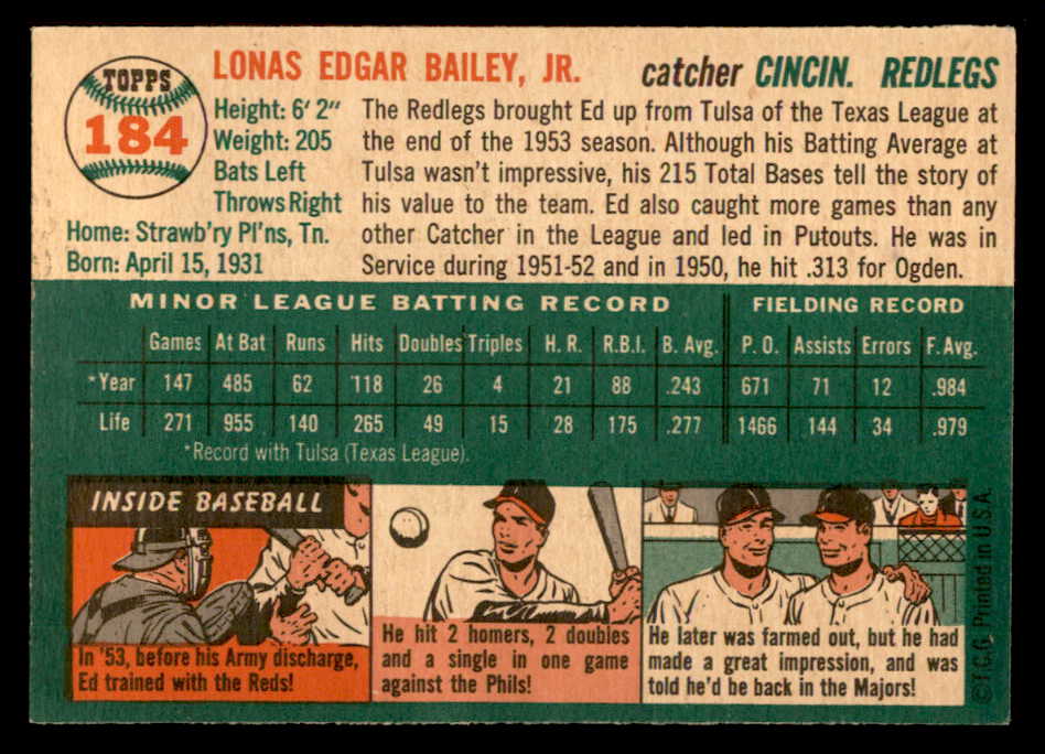1954 Topps Baseball #184 Ed Bailey Reds EX-MT 557085