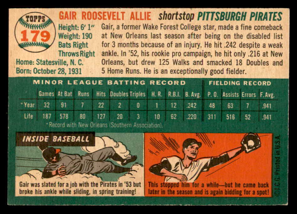 1954 Topps Baseball #179 Gair Allie Pirates EX-MT 557087