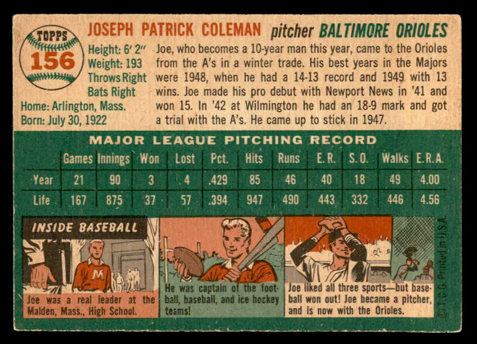 1954 Topps Baseball #156 Joe Coleman Orioles EX-MT 557104