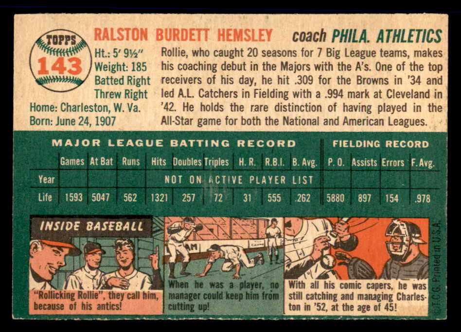 1954 Topps Baseball #143 Rollie Hemsley A's EX-MT 557115