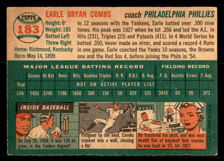 1954 Topps Baseball #183 Earle Combs Phillies EX-MT 557121
