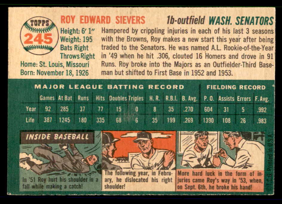 1954 Topps Baseball #245 Roy Sievers Senators EX-MT 557123