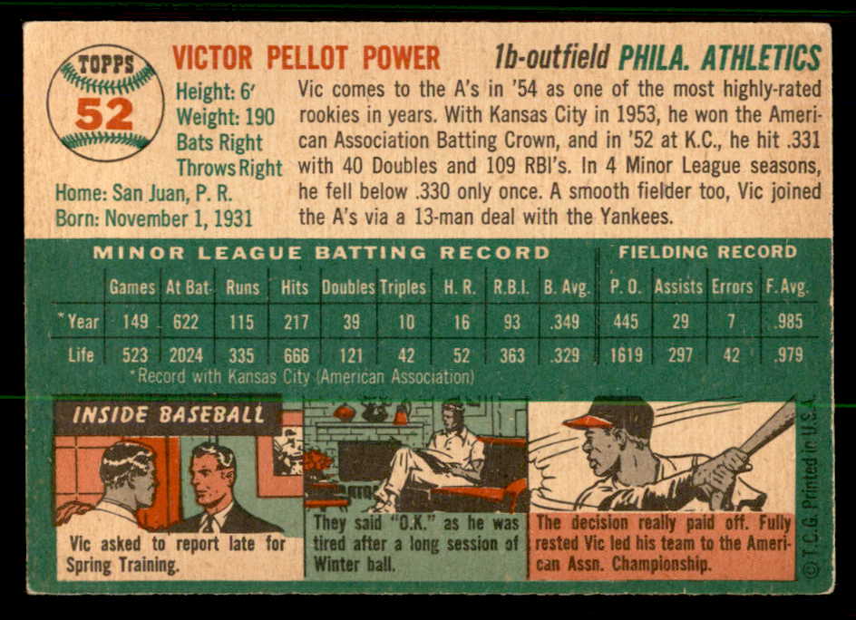 1954 Topps Baseball #052 Vic Power A's EX-MT 557133