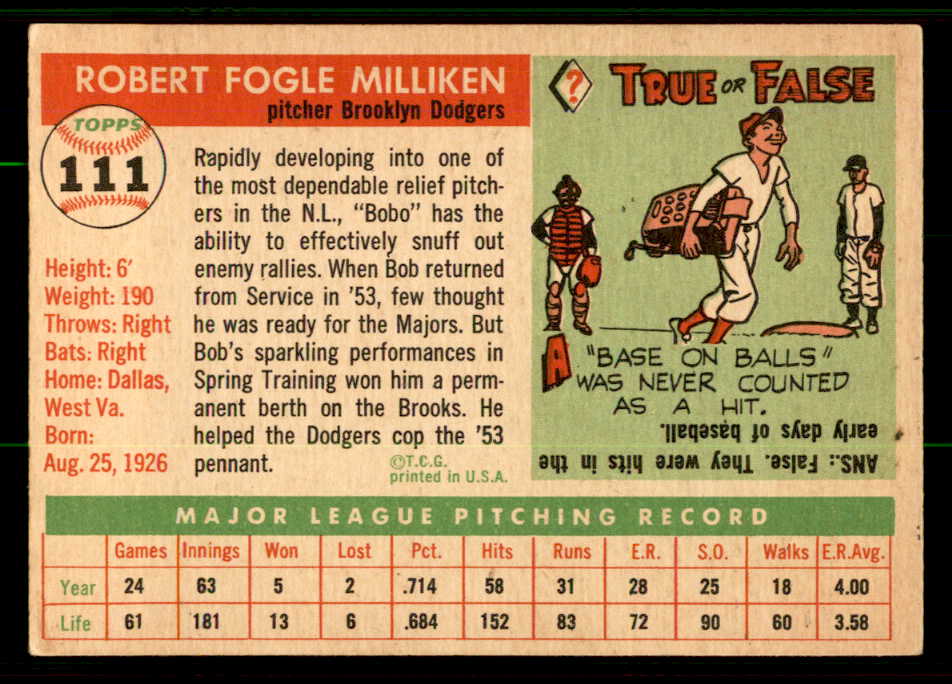 1955 Topps Baseball #111 Bob Milliken Dodgers EX-MT 557138