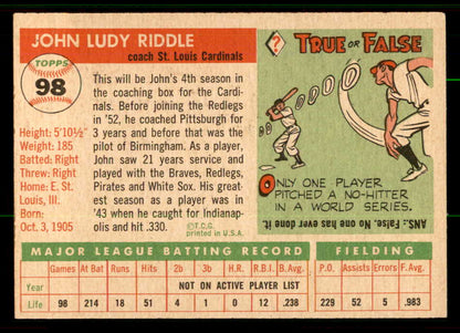 1955 Topps Baseball #098 Johnny Riddle Cardinals EX-MT 557139