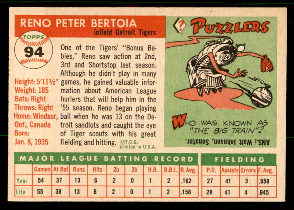 1955 Topps Baseball #094 Reno Bertoia Tigers EX-MT 557140