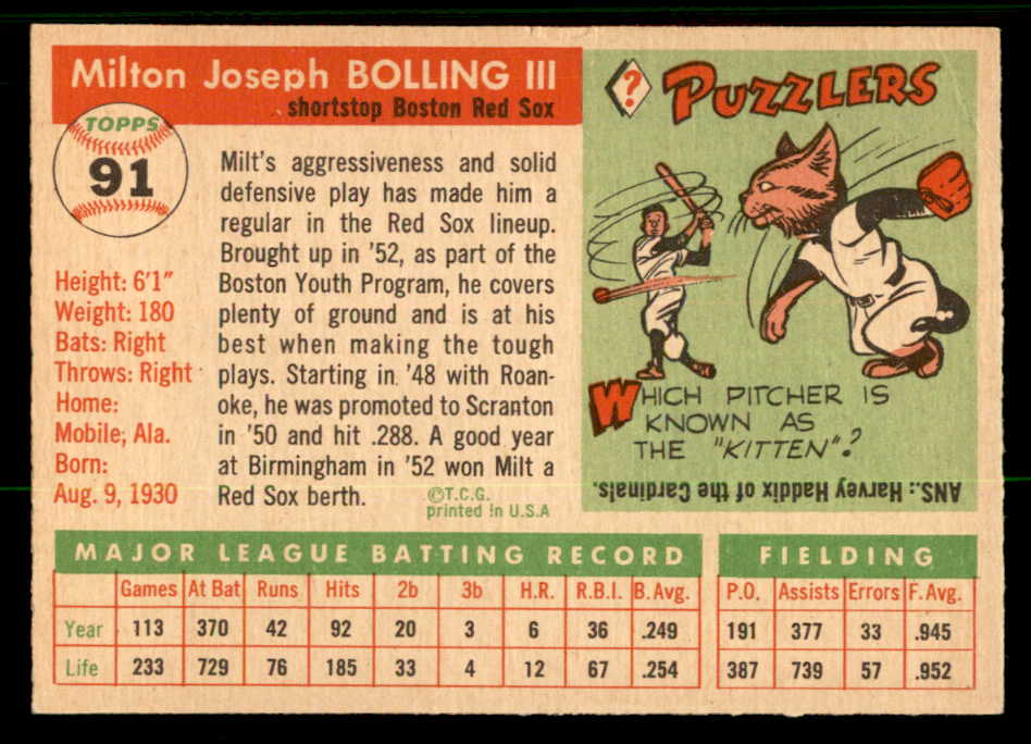 1955 Topps Baseball #091 Milt Bolling Red Sox EX-MT 557142