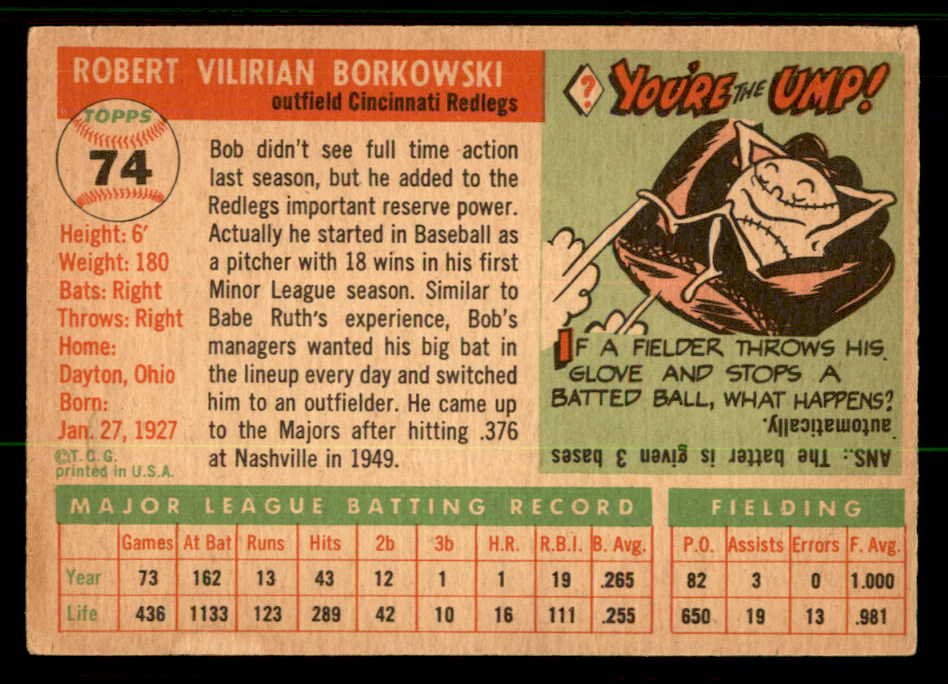 1955 Topps Baseball #074 Bob Borkowski Reds EX-MT 557144