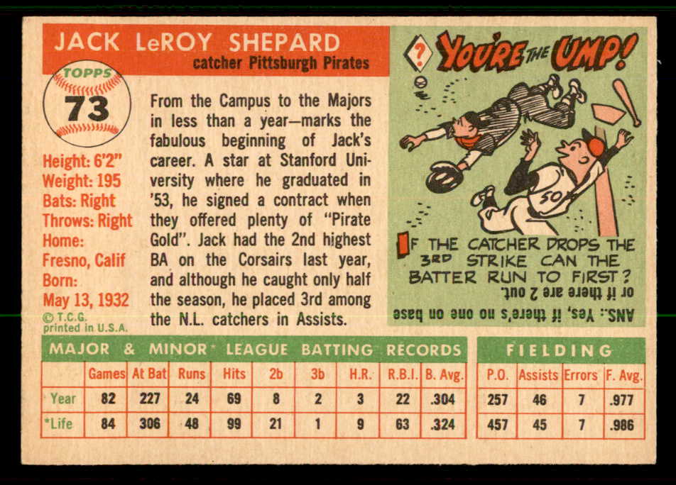 1955 Topps Baseball #073 Jack Shepard Pirates EX-MT 557145