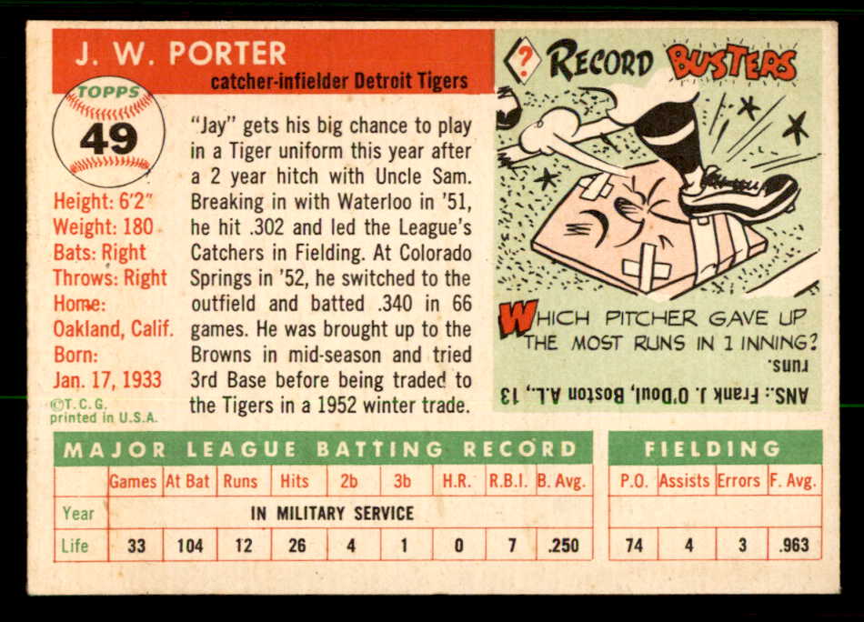 1955 Topps Baseball #049 J.W. Porter Tigers EX-MT 557151