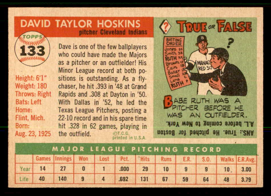 1955 Topps Baseball #133 Dave Hoskins Indians EX-MT 557153