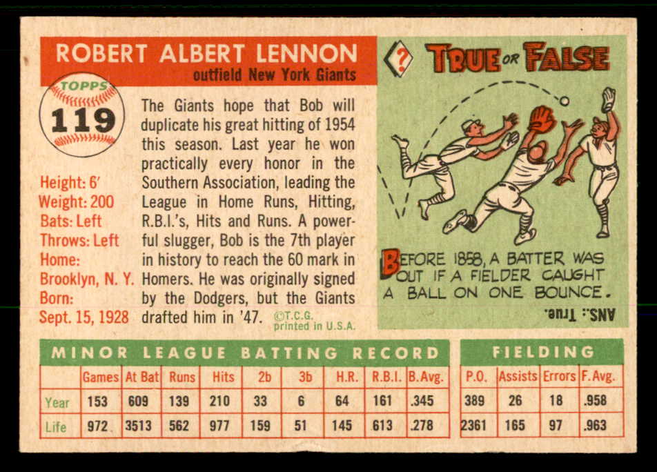 1955 Topps Baseball #119 Bob Lennon Giants EX-MT 557157