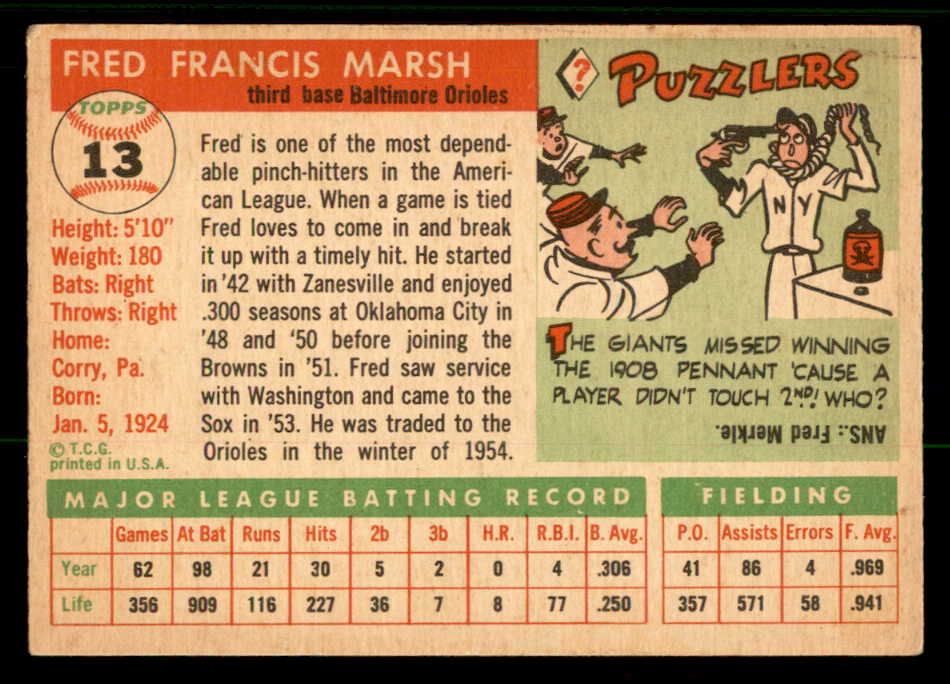 1955 Topps Baseball #013 Fred Marsh Orioles EX-MT 557159
