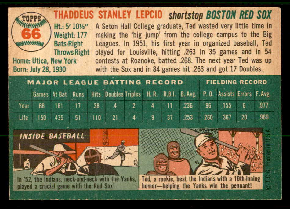 1954 Topps Baseball #066 Ted Lepcio Red Sox EX-MT 557164