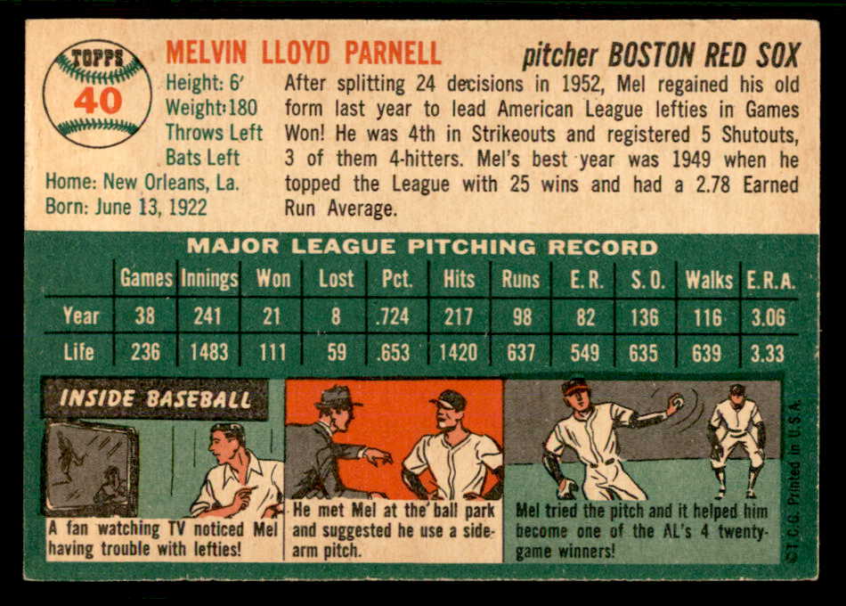 1954 Topps Baseball #040 Mel Parnell Red Sox EX-MT 557176