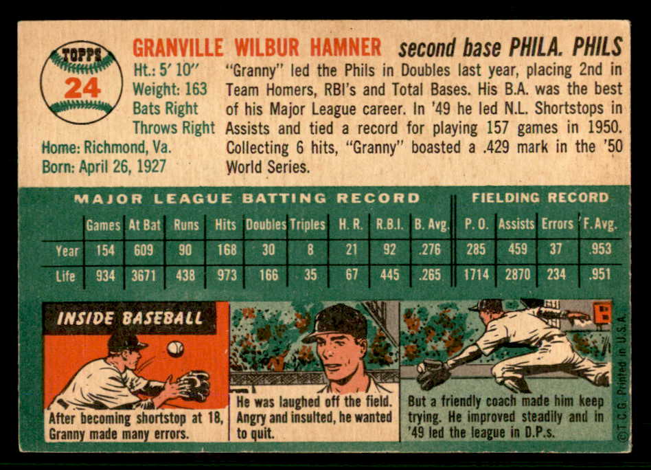 1954 Topps Baseball #024 Granny Hamner Phillies EX-MT 557179