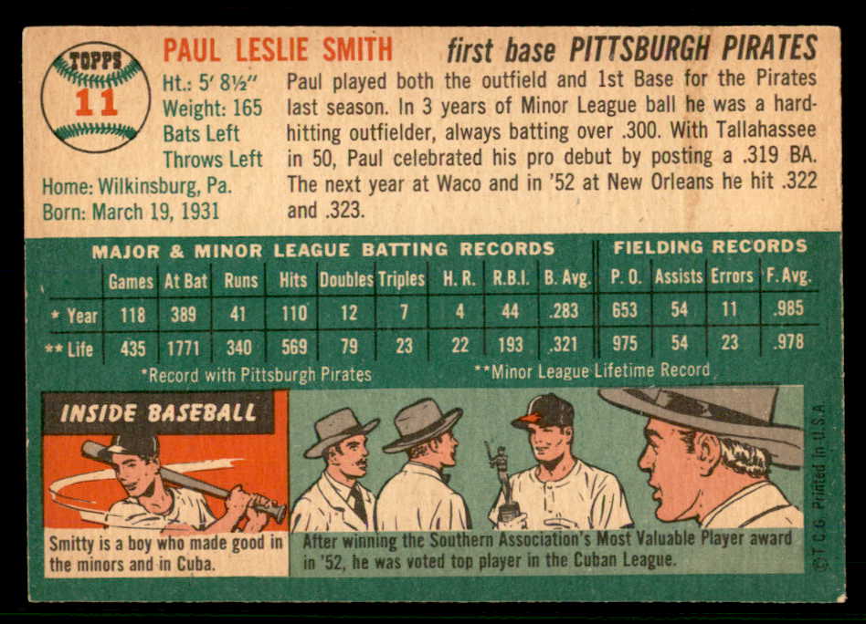 1954 Topps Baseball #011 Paul Smith Pirates EX-MT 557180