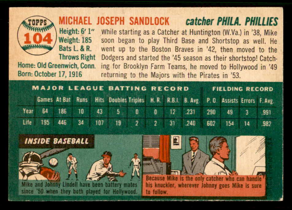 1954 Topps Baseball #104 Mike Sandlock Phillies EX-MT 557184
