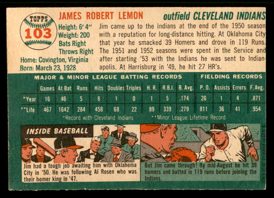 1954 Topps Baseball #103 Jim Lemon Indians EX-MT 557185