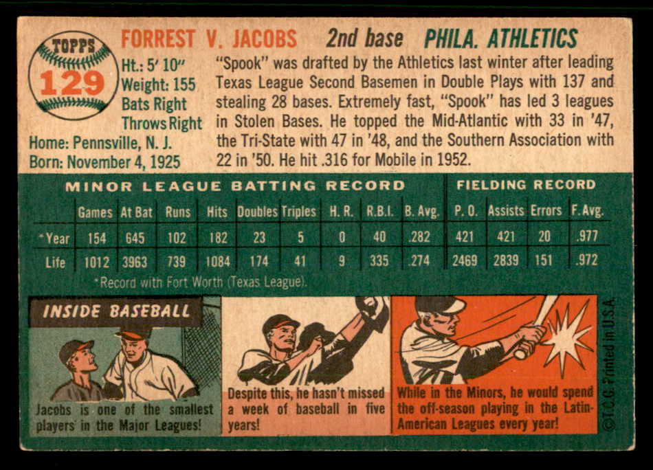 1954 Topps Baseball #129 Spook Jacobs A's EX-MT 557198