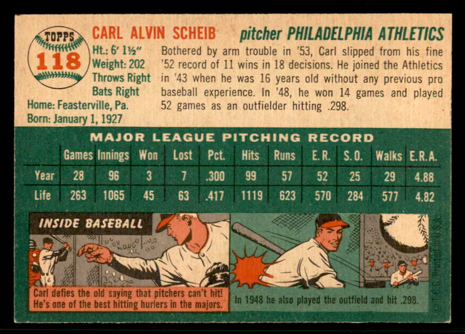 1954 Topps Baseball #118 Carl Scheib A's EX-MT 557199