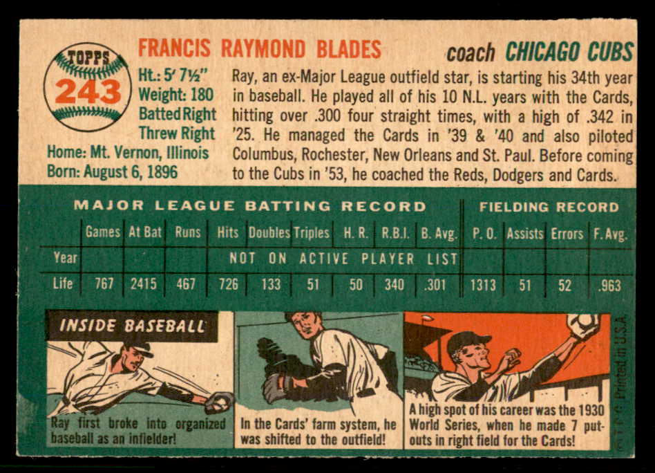 1954 Topps Baseball #243 Ray Blades Cubs EX-MT 557203