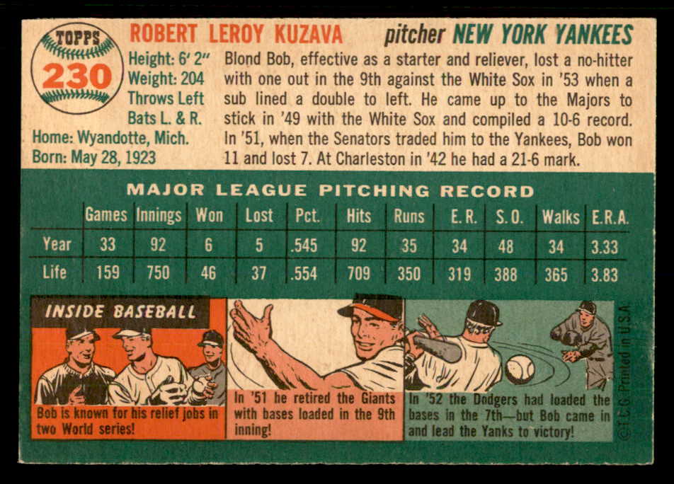1954 Topps Baseball #230 Bob Kuzava Yankees EX-MT 557210