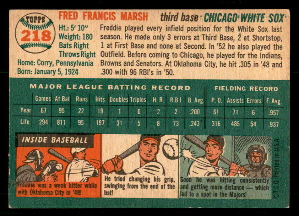 1954 Topps Baseball #218 Fred Marsh White Sox EX-MT 557218