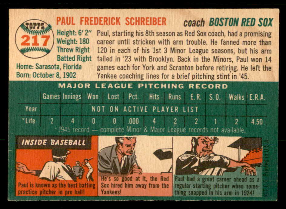 1954 Topps Baseball #217 Paul Schreiber Red Sox EX-MT 557219