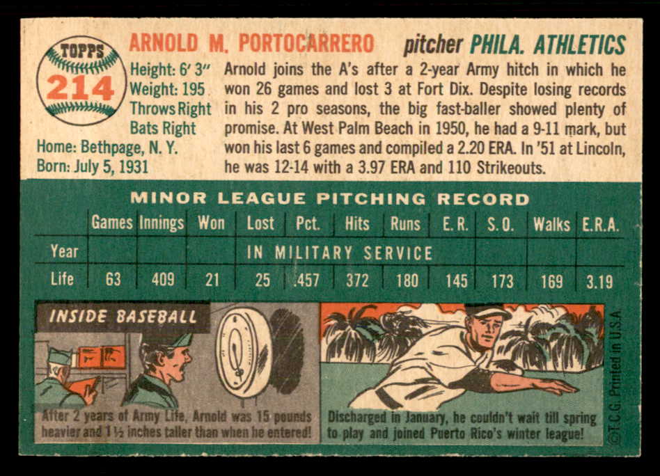 1954 Topps Baseball #214 Arnie Portocarrero A's EX-MT 557222