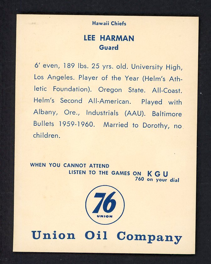 1961 Union Oil Lee Harman Hawaii Chiefs NR-MT 557254