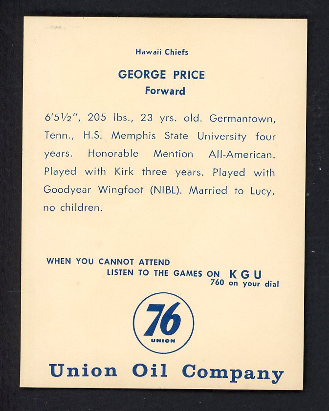 1961 Union Oil George Price Hawaii Chiefs NR-MT 557258