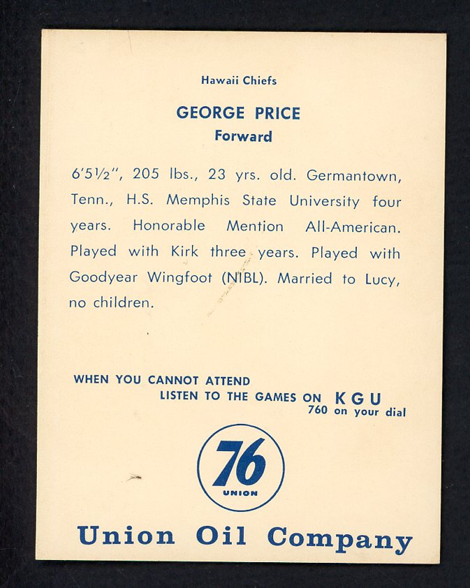 1961 Union Oil George Price Hawaii Chiefs EX-MT 557264