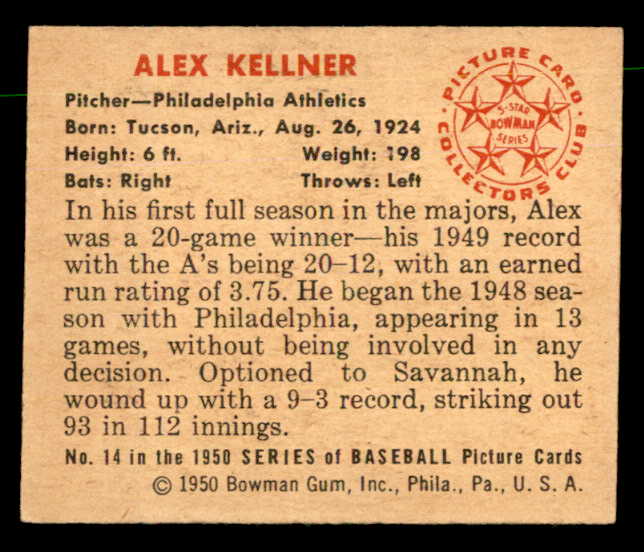 1950 Bowman Baseball #014 Alex Kellner A's EX-MT 557271