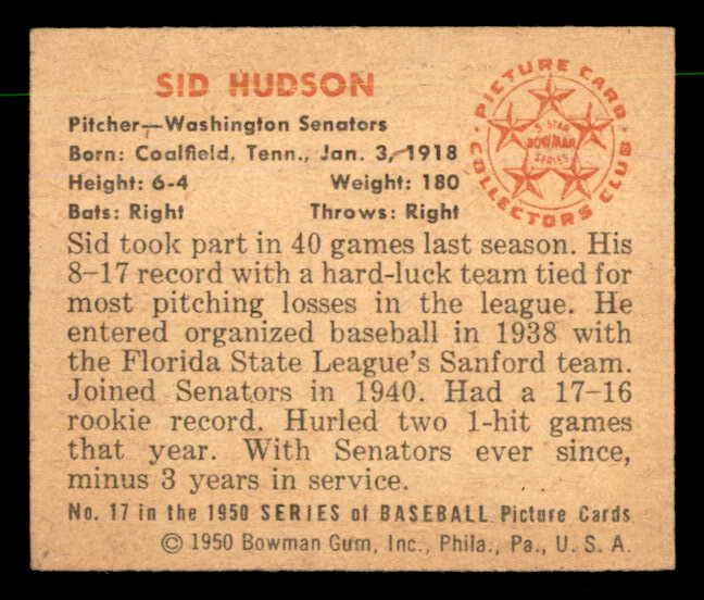 1950 Bowman Baseball #017 Sid Hudson Senators EX-MT 557272