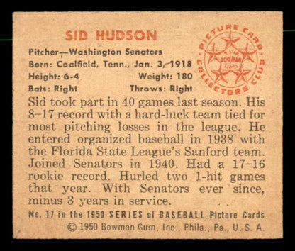1950 Bowman Baseball #017 Sid Hudson Senators EX-MT 557272